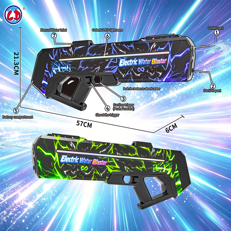 Linda Toys UV Print Auto Absorption Electric Water Gun with LED Lights Choose, Waterproof Powerful Shooting 7.4V 1200mAH Li-ion Battery,1000ml Water Capacity LD-998D